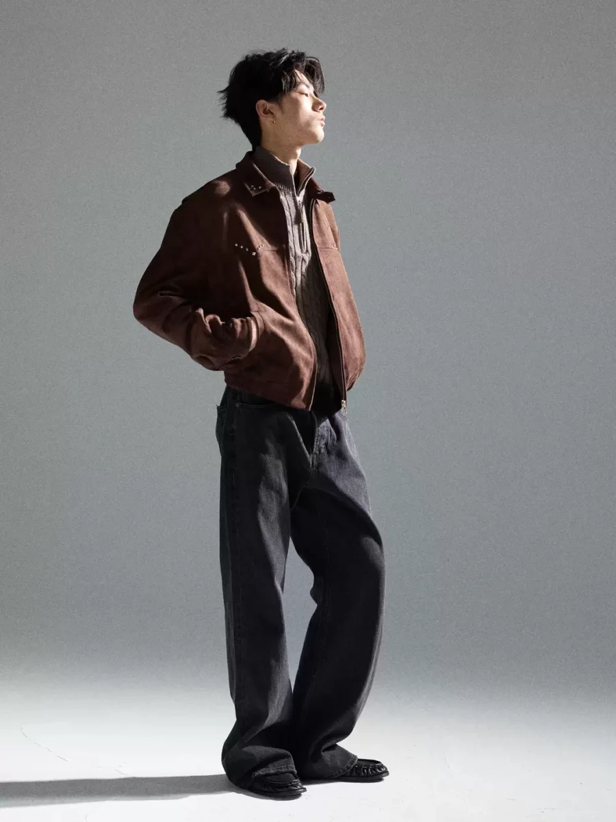TAICHIISM | Studded Faux Suede Collared Boxy Cropped Jacket - 4