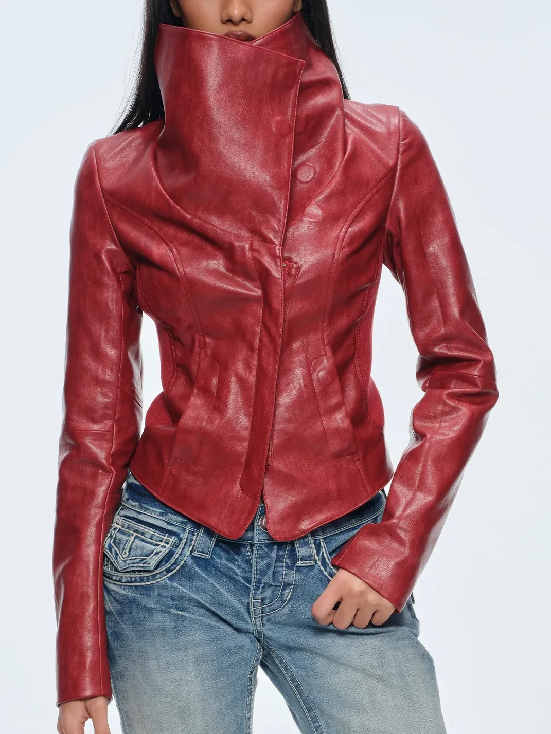 BUM STUDIO | Oversized Collar Slim-Fit Magnetic Fastening Leather Jacket
