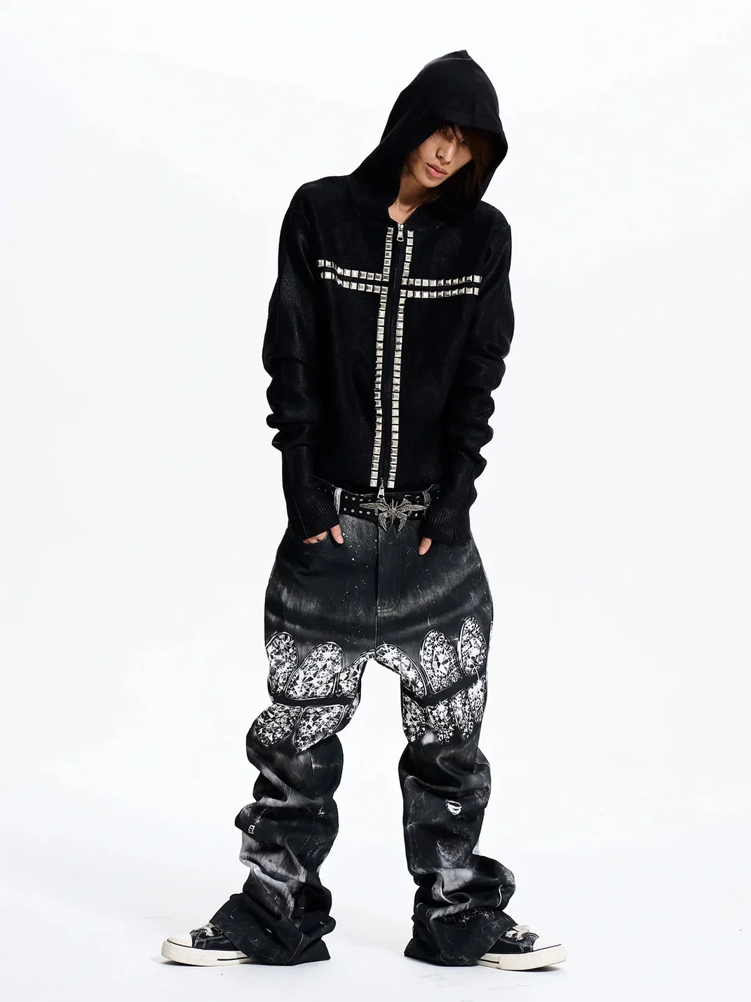 Fourth3ex | Black Hooded Zip-Up Sweater With Studded Cross