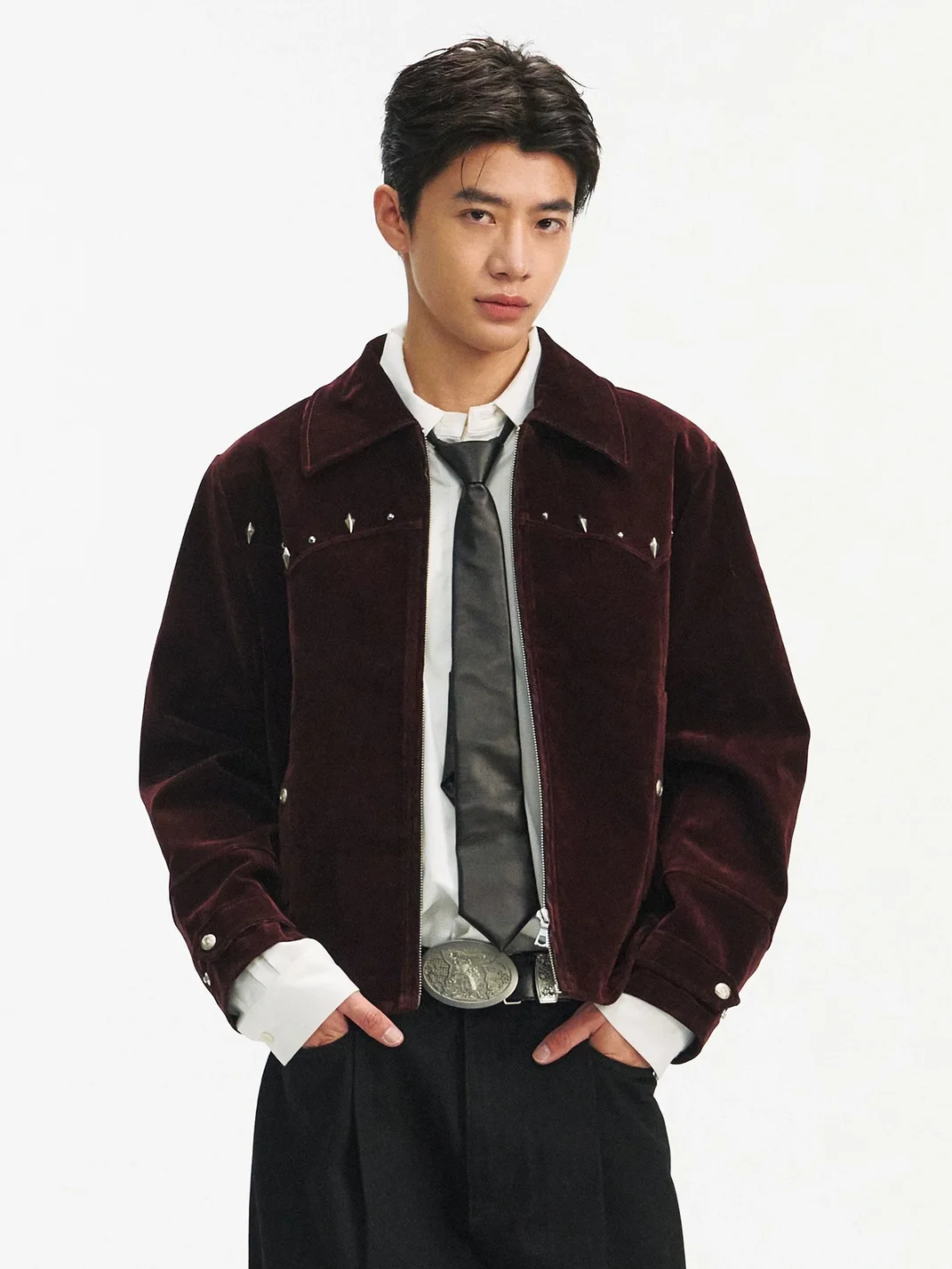 TAICHIISM | Cropped Studded Velvet Flocked Denim Western Jacket