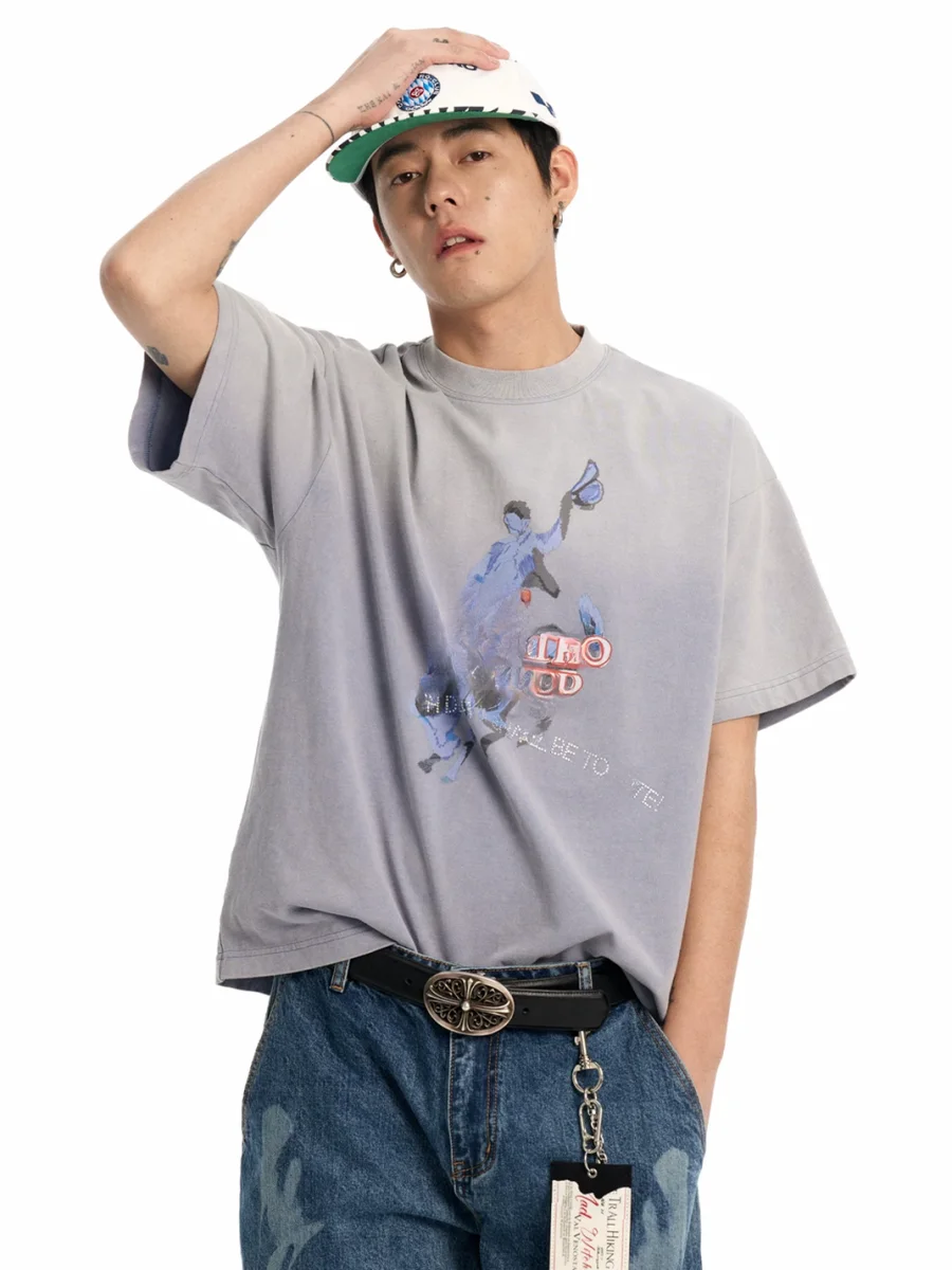 CoosRetro | Washed Loose-Fit Graphic Rhinestone Short-Sleeve T-Shirt - 2