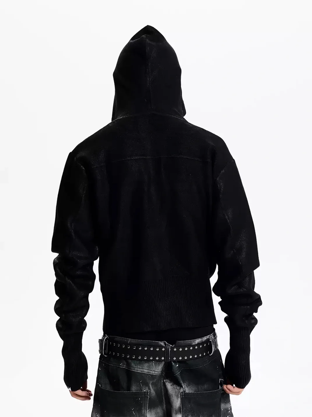 Fourth3ex | Black Hooded Zip-Up Sweater With Studded Cross