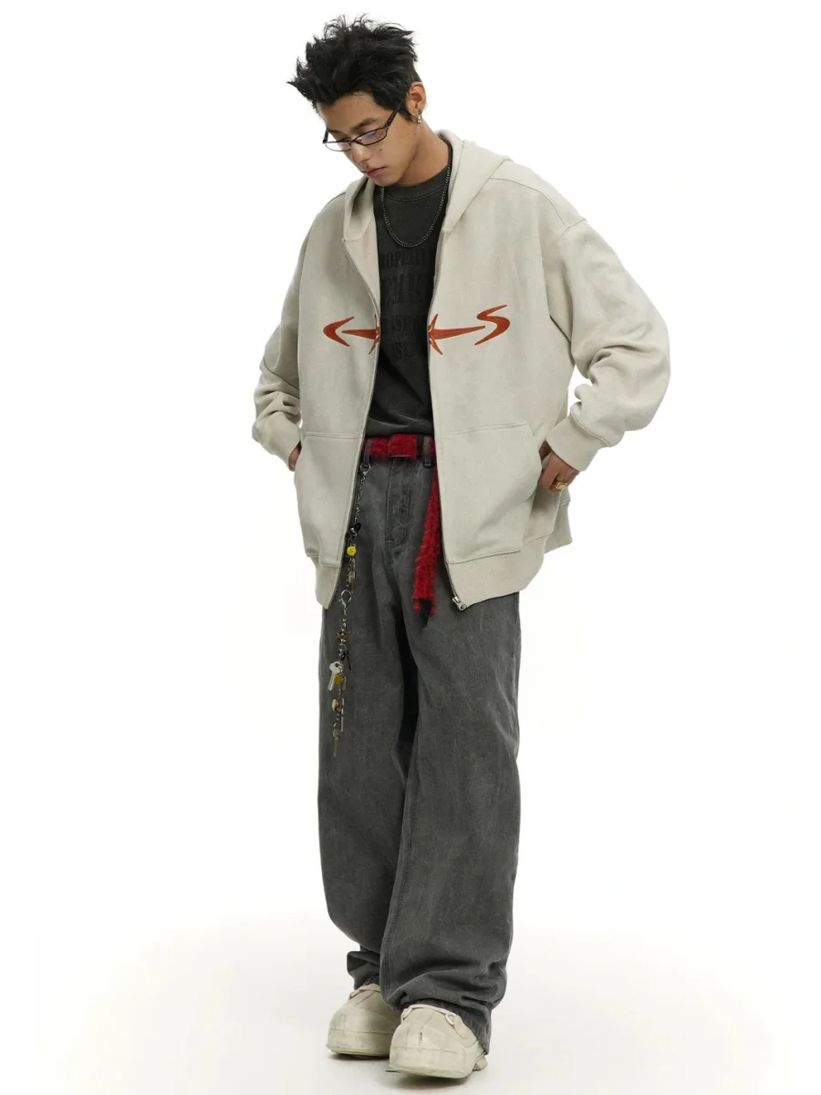 CoosRetro | Loose-Fit Faux Suede Zip-Up Hoodie - 4