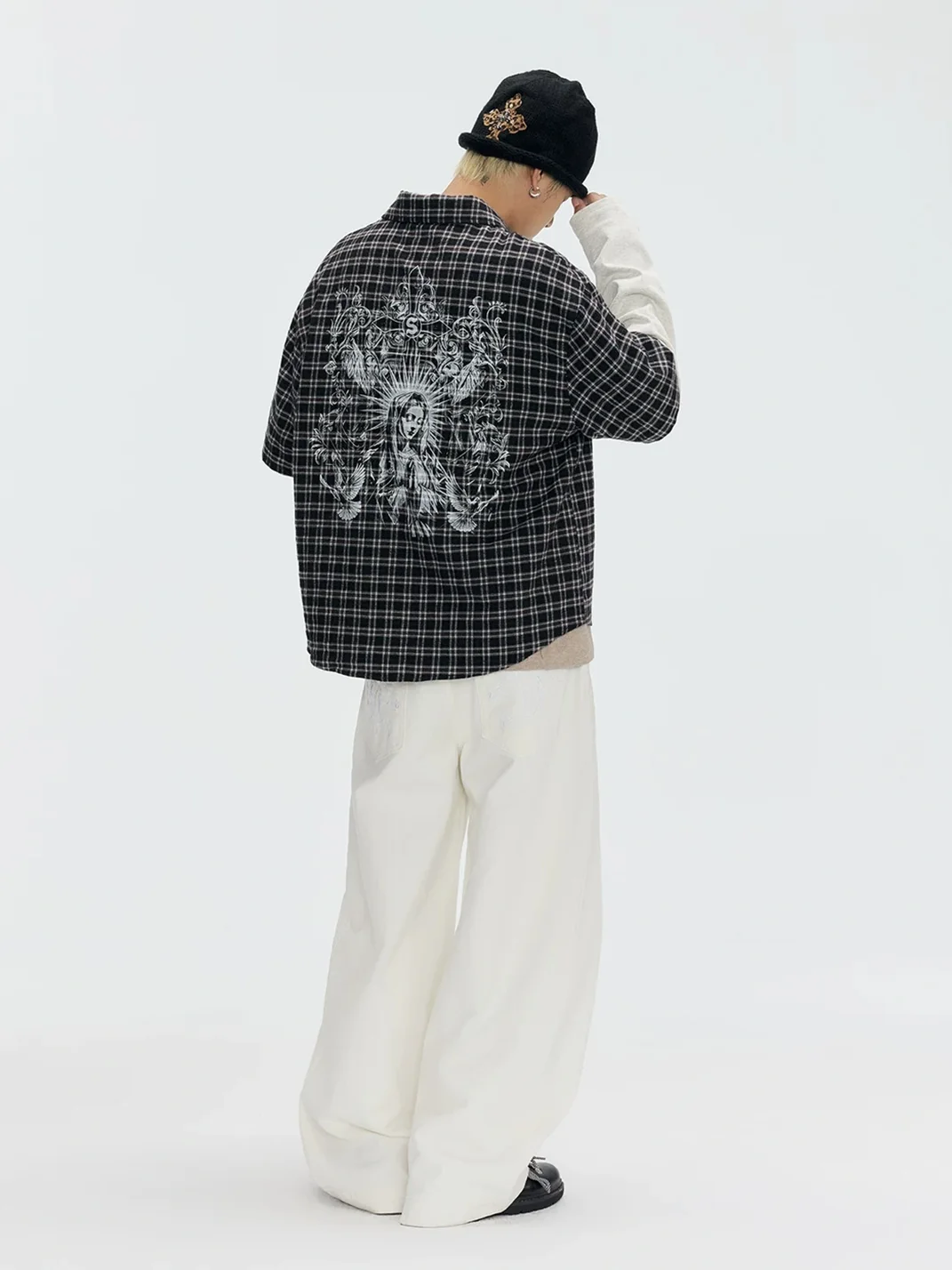 CoosRetro | Faux Two-Piece Plaid Long-Sleeve Graphic Shirt