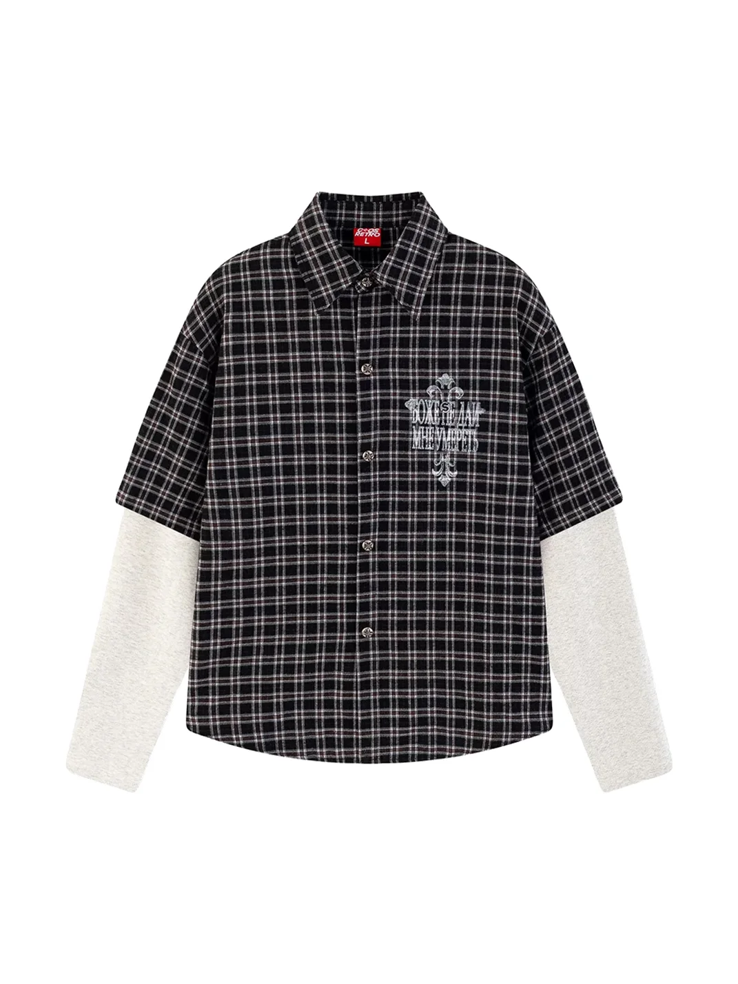 CoosRetro | Faux Two-Piece Plaid Long-Sleeve Graphic Shirt