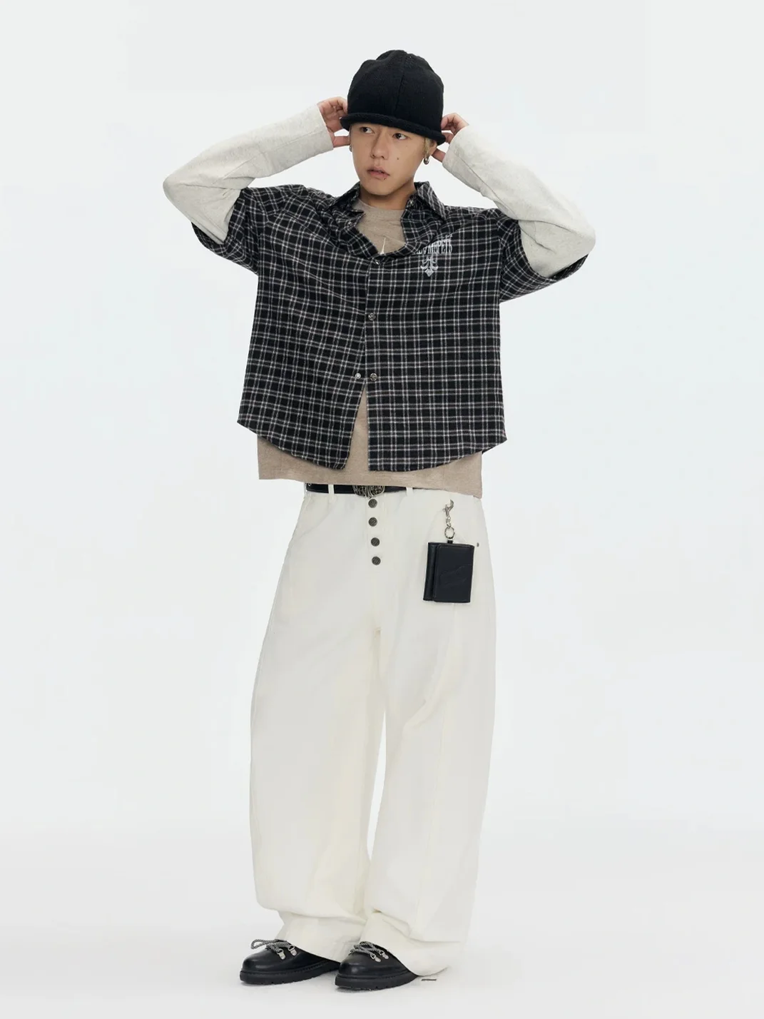 CoosRetro | Faux Two-Piece Plaid Long-Sleeve Graphic Shirt
