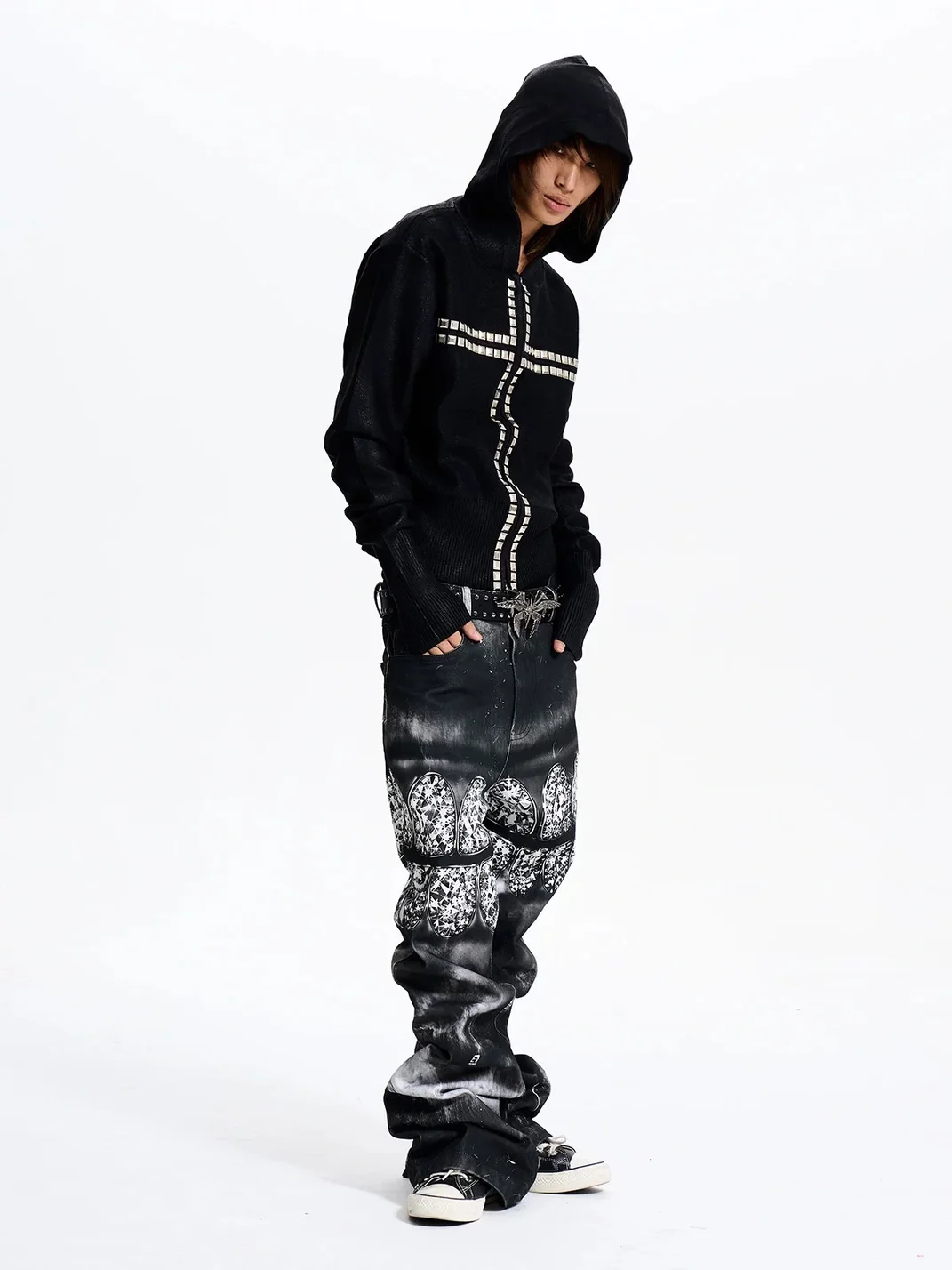 Fourth3ex | Black Hooded Zip-Up Sweater With Studded Cross