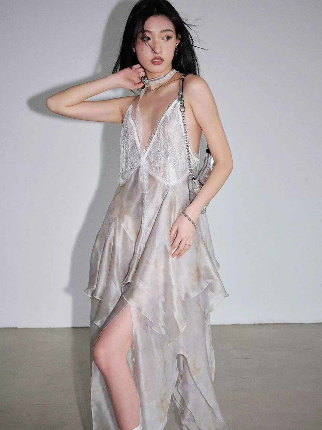 Jnylon studios | Printed Asymmetric Mesh Spaghetti Strap Dress