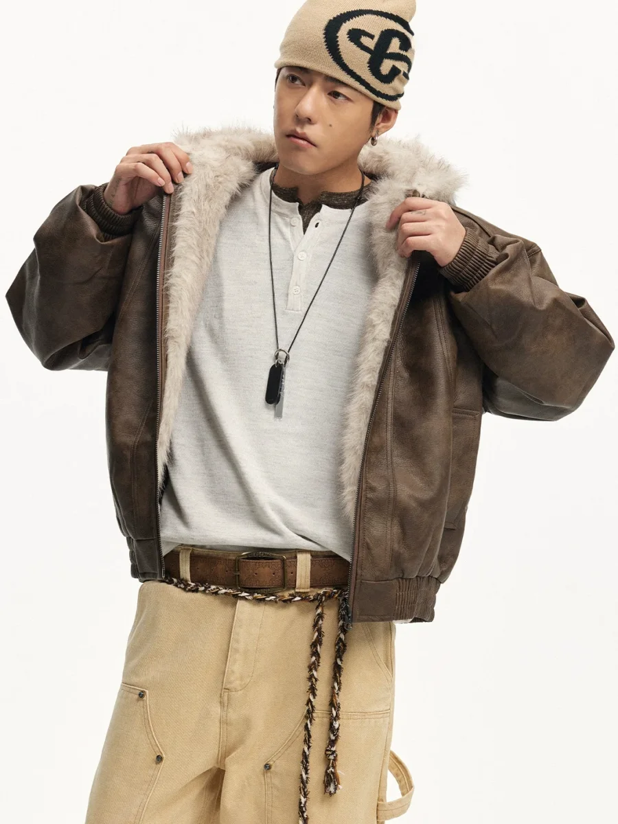CoosRetro | Loose-Fit Heavyweight Frost-Textured Leather Jacket - 4