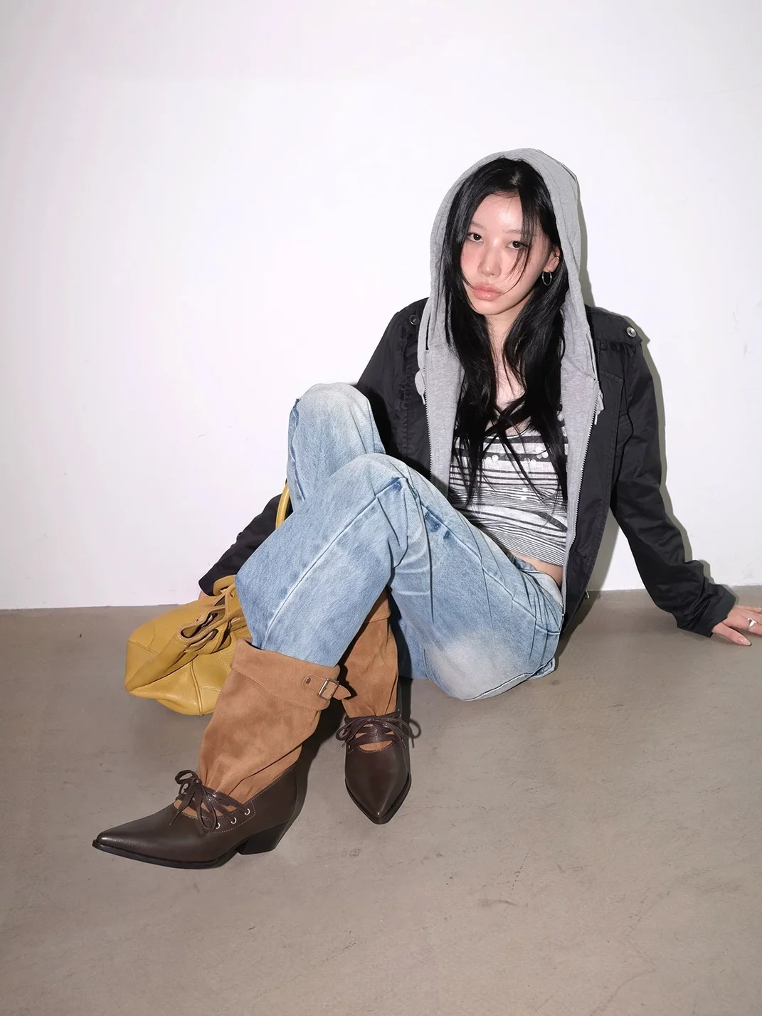 Mooreyu | Brown Pointed-Toe Western Lace-Up Buckle Slouch Boots