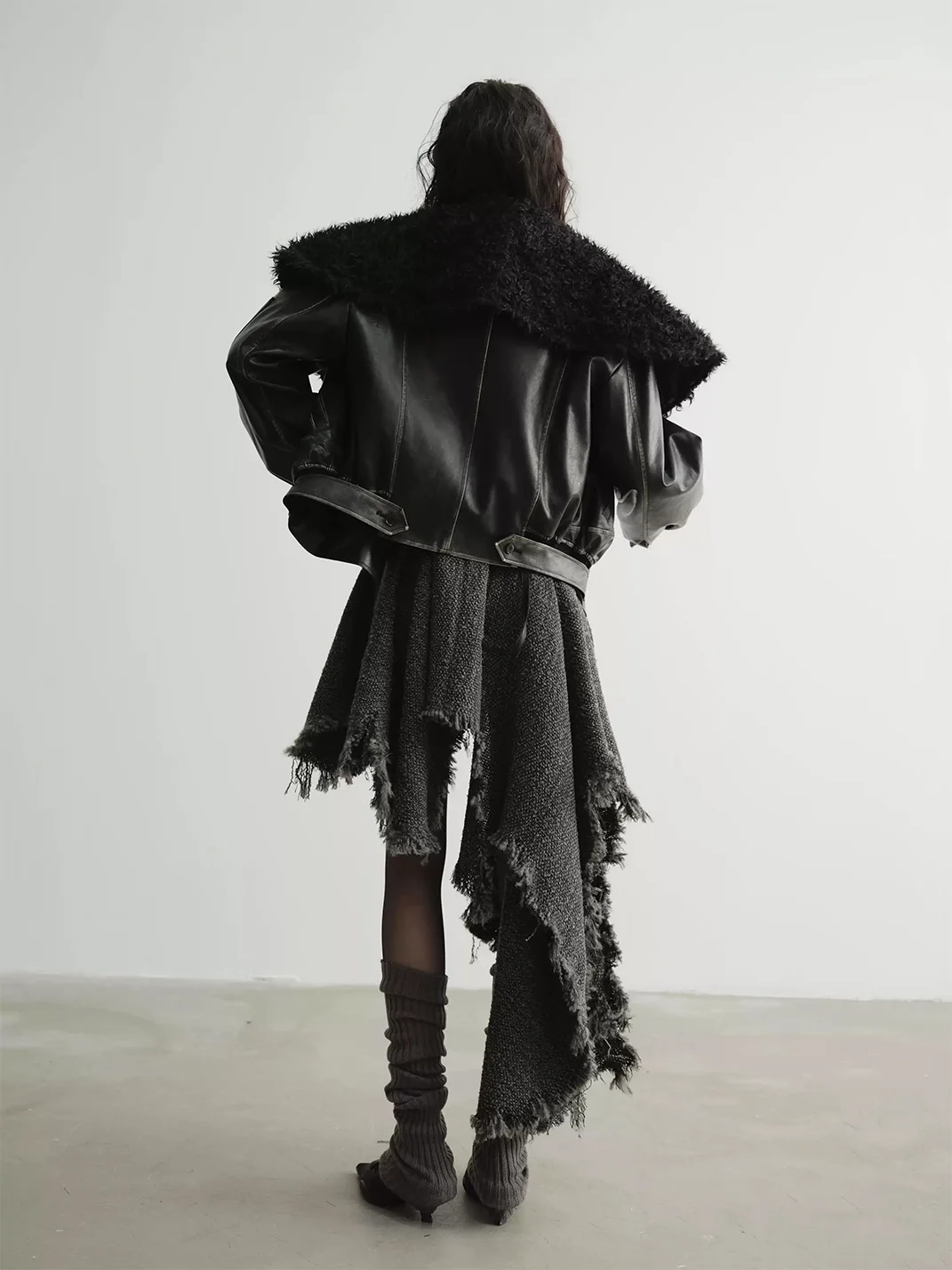 Jnylon studios | Relaxed Distressed Faux Leather Oversized Fur-Collar Jacket