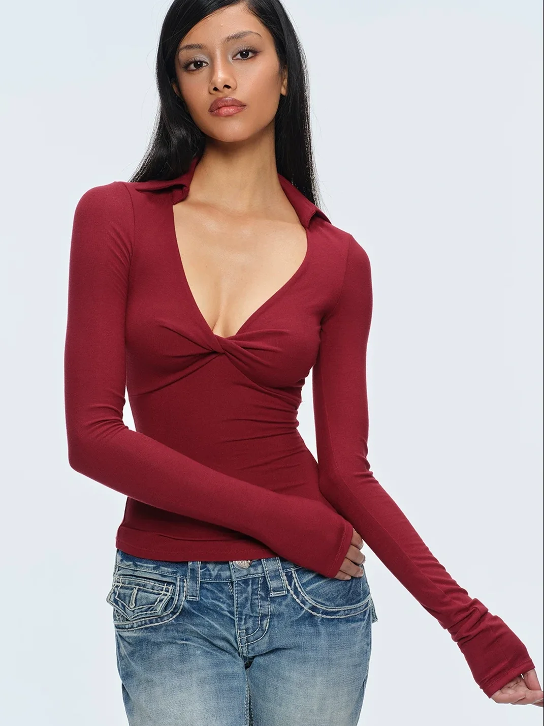BUM STUDIO | Slim-Fit Collared Deep V-Neck Twist-Front Top
