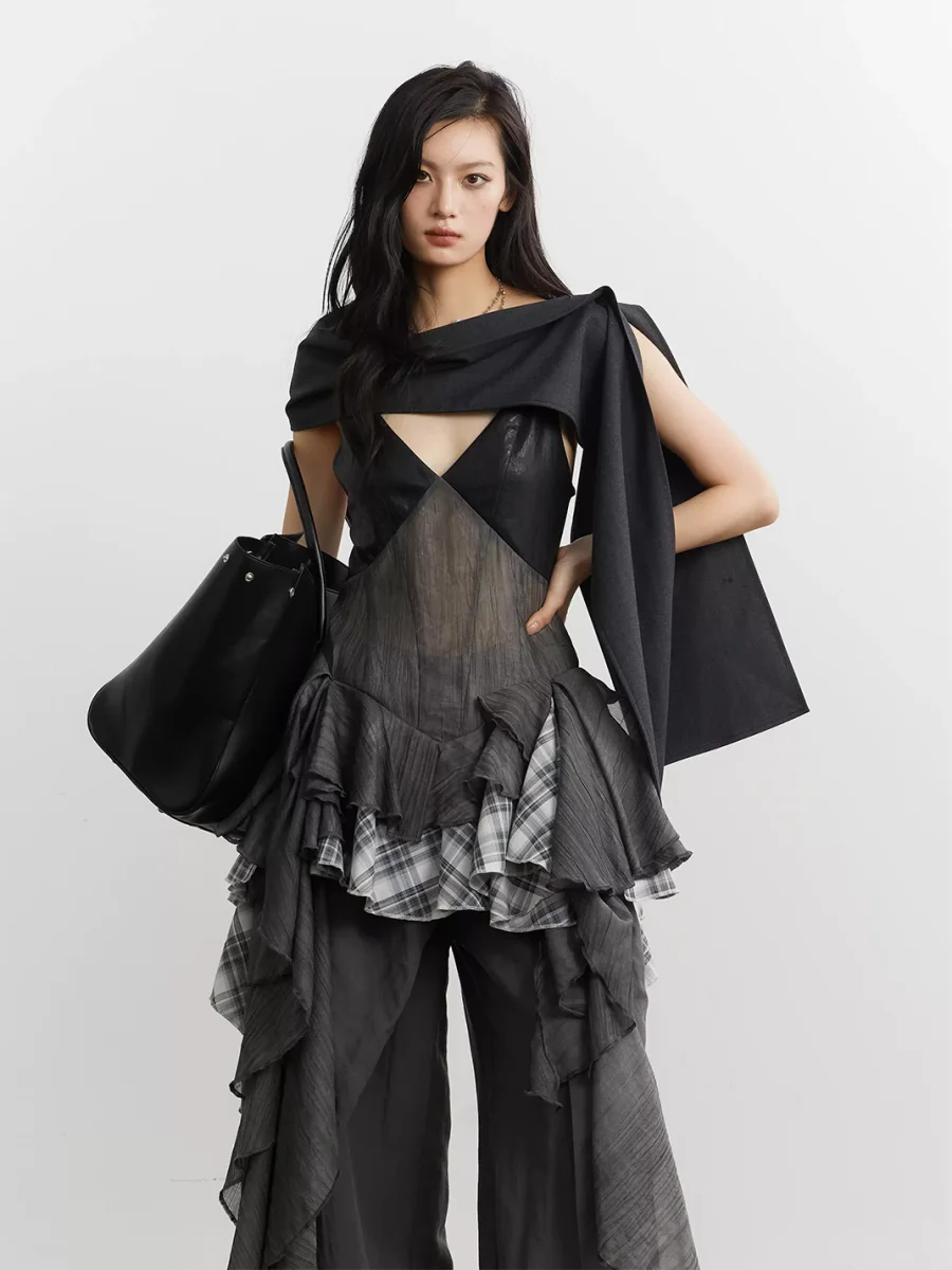 Jnylon studios | Asymmetric Plaid Colorblock Ruffled Cami Dress - 2