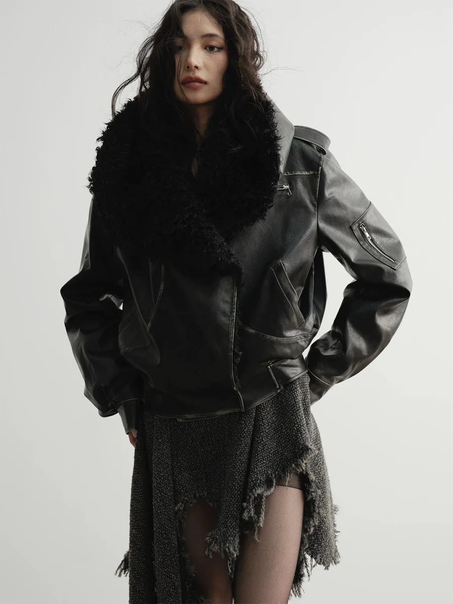 Jnylon studios | Relaxed Distressed Faux Leather Oversized Fur-Collar Jacket - 3