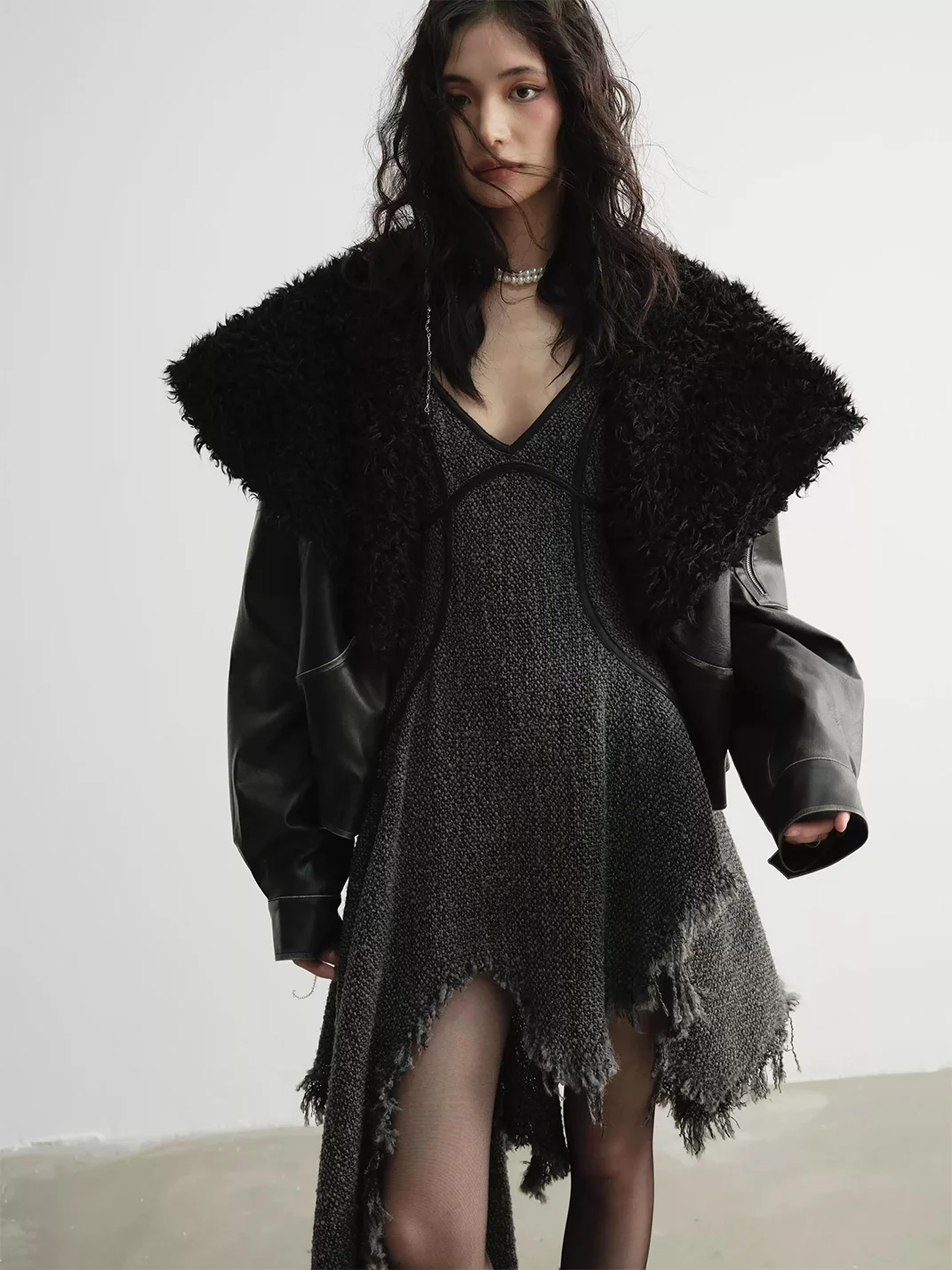 Jnylon studios | Relaxed Distressed Faux Leather Oversized Fur-Collar Jacket