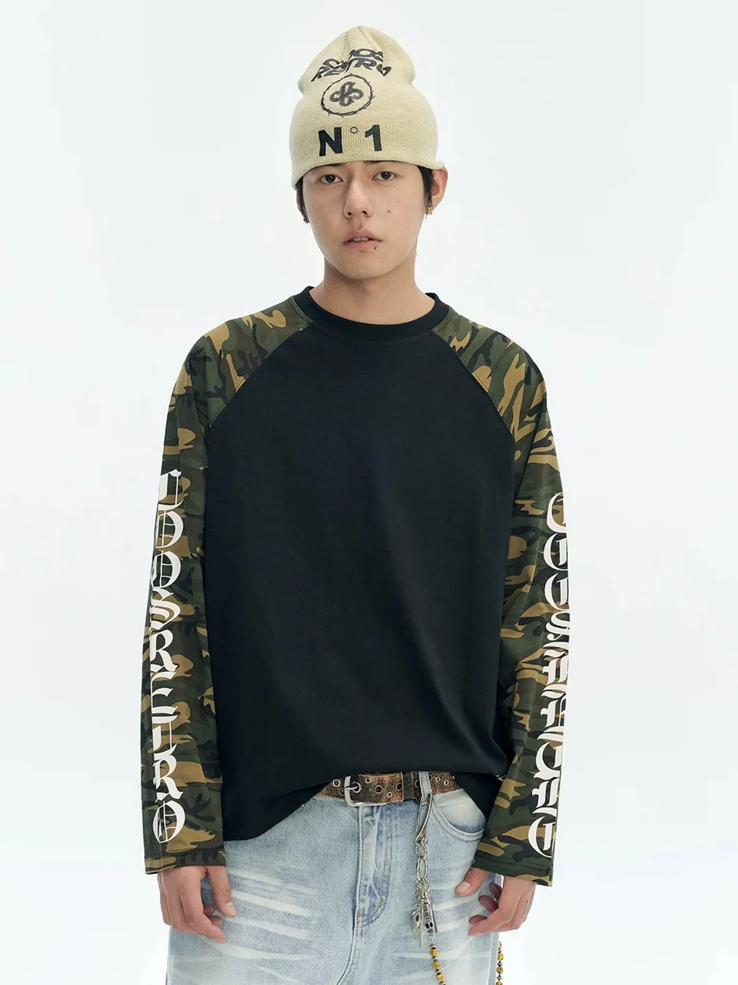 CoosRetro | Loose Cross-Print Camouflage Raglan Long-Sleeve T-Shirt