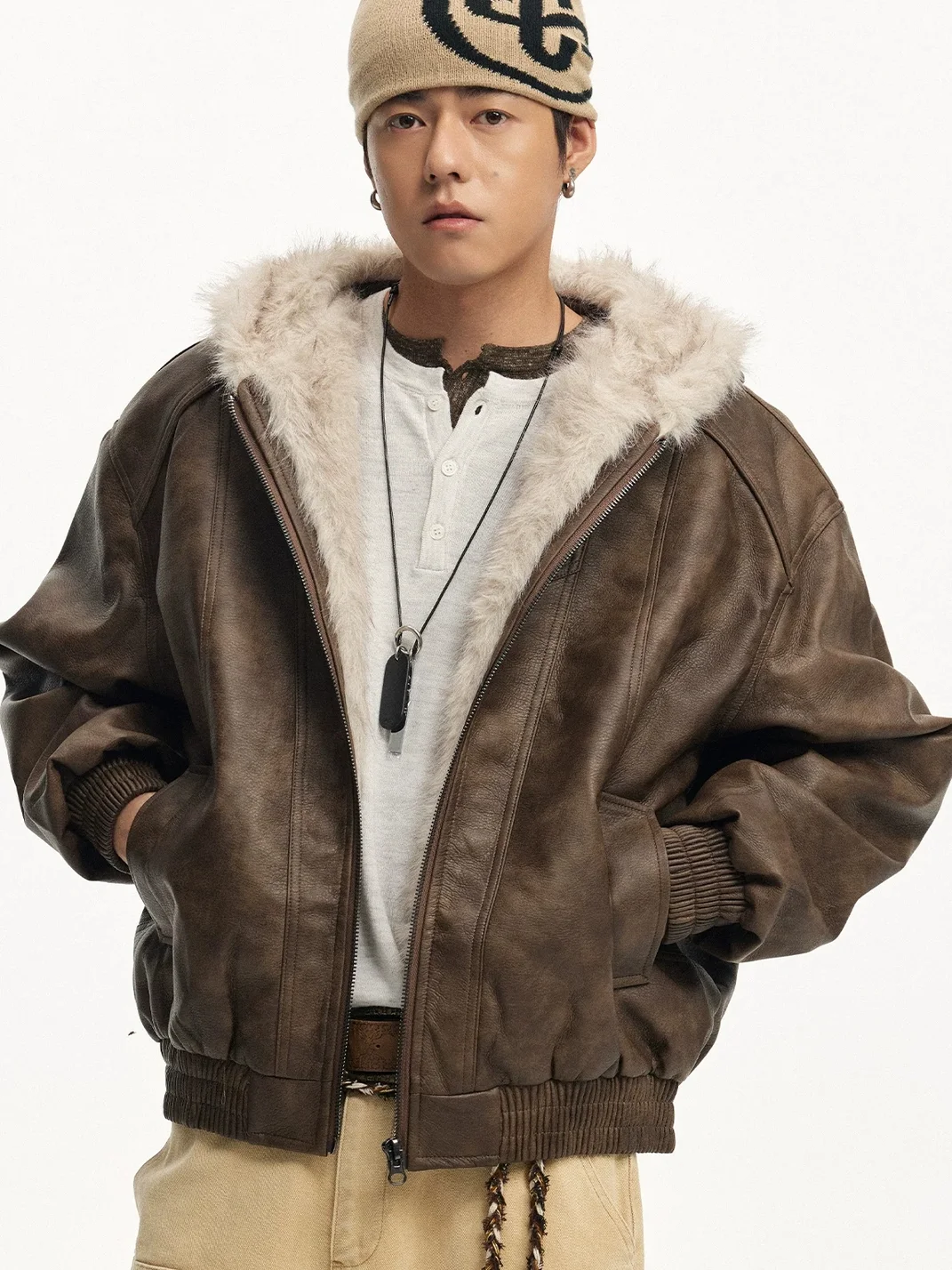 CoosRetro | Loose-Fit Heavyweight Frost-Textured Leather Jacket