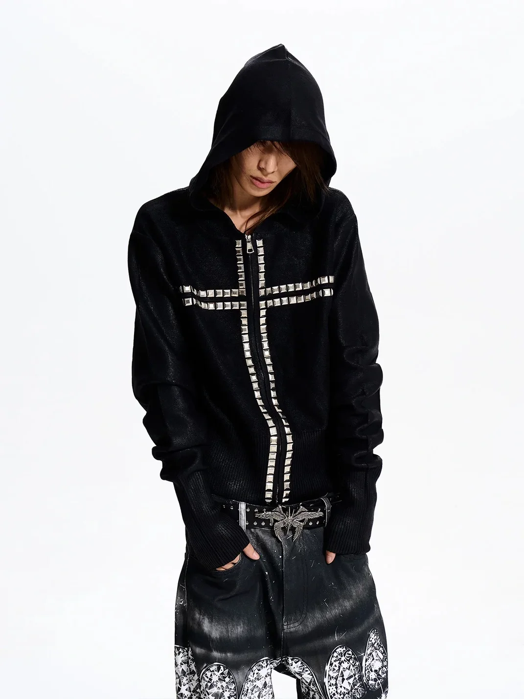 Fourth3ex | Black Hooded Zip-Up Sweater With Studded Cross