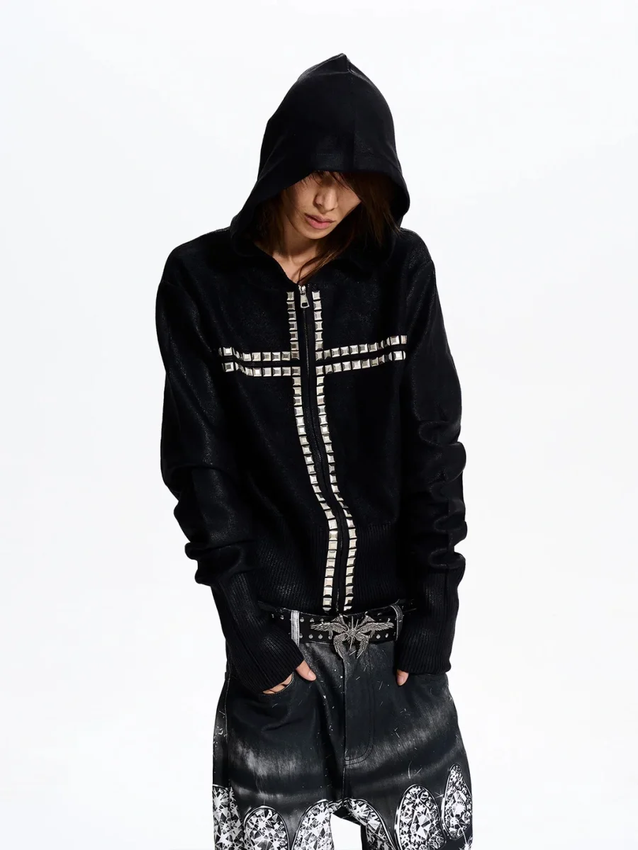 Fourth3ex | Black Hooded Zip-Up Sweater With Studded Cross - 4