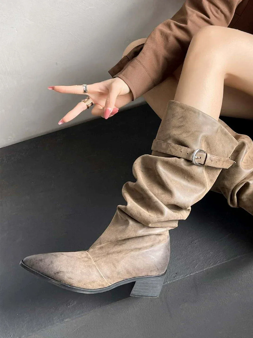 Jpoetry | Pointed Toe Slouchy Block Heel Tall Boots