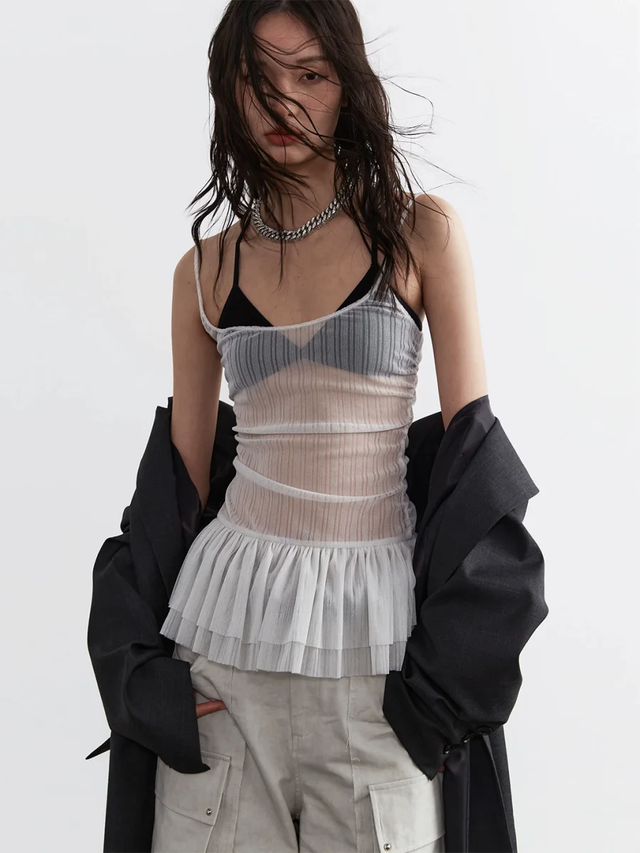 Jnylon studios | Sheer Ruffle Hem Cropped Stretch Camisole - 4