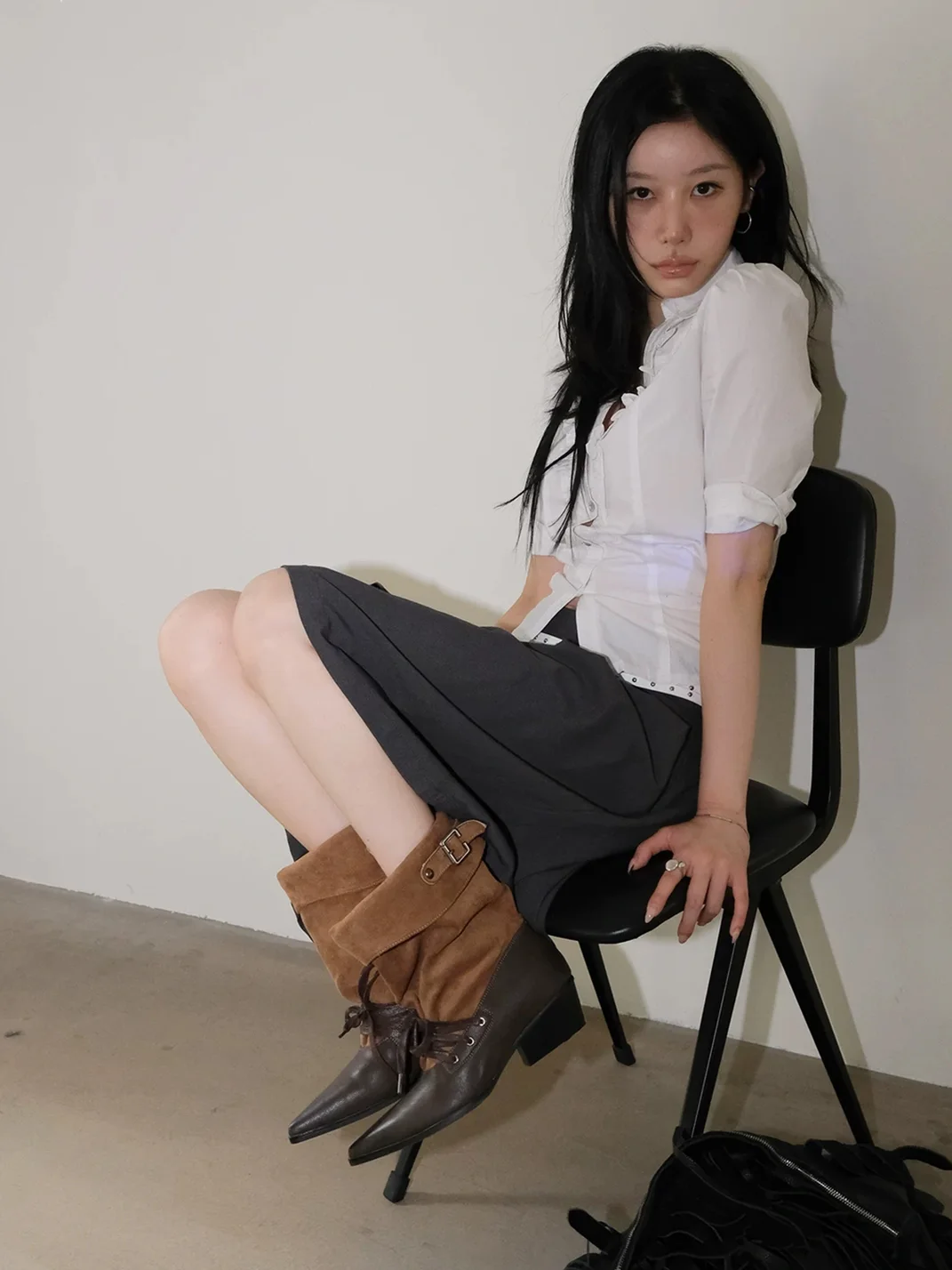 Mooreyu | Brown Pointed-Toe Western Lace-Up Buckle Slouch Boots