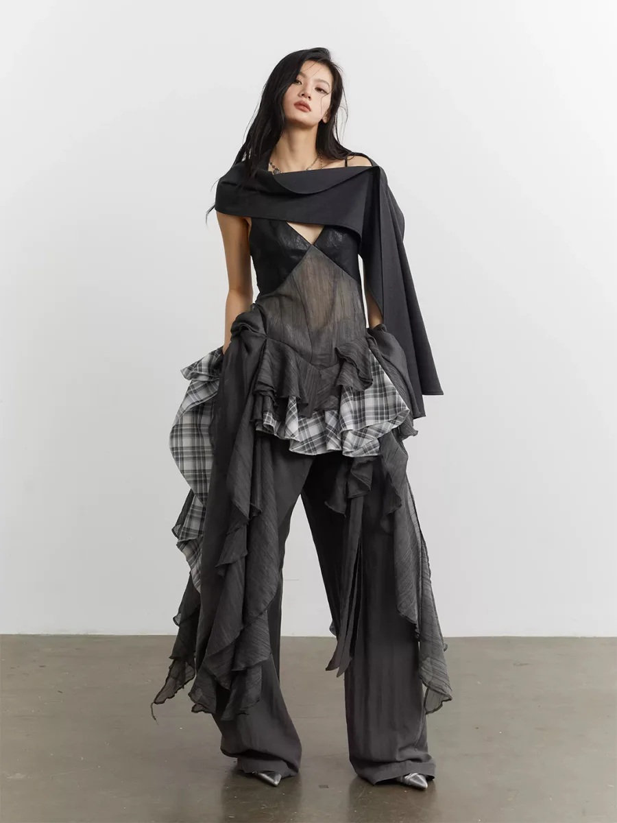 Jnylon studios | Asymmetric Plaid Colorblock Ruffled Cami Dress - 3