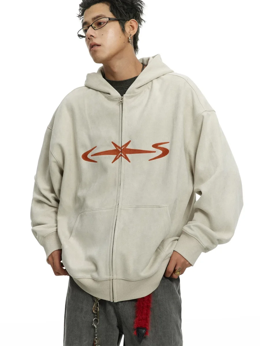 CoosRetro | Loose-Fit Faux Suede Zip-Up Hoodie - 2