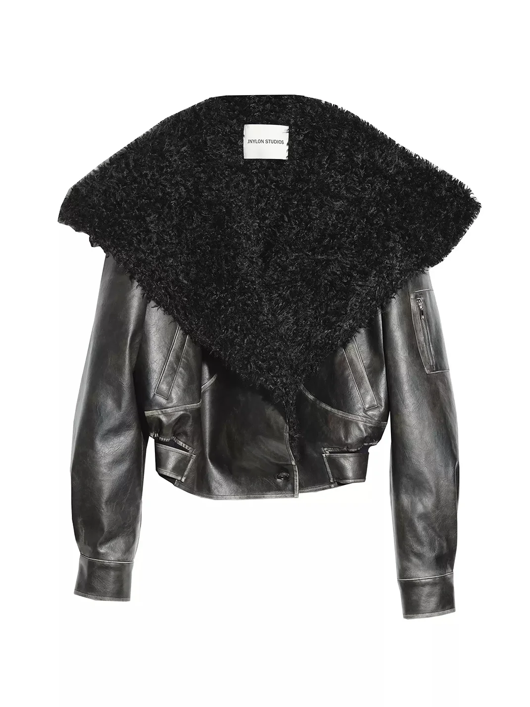 Jnylon studios | Relaxed Distressed Faux Leather Oversized Fur-Collar Jacket