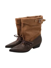 Mooreyu | Brown Pointed-Toe Western Lace-Up Buckle Slouch Boots