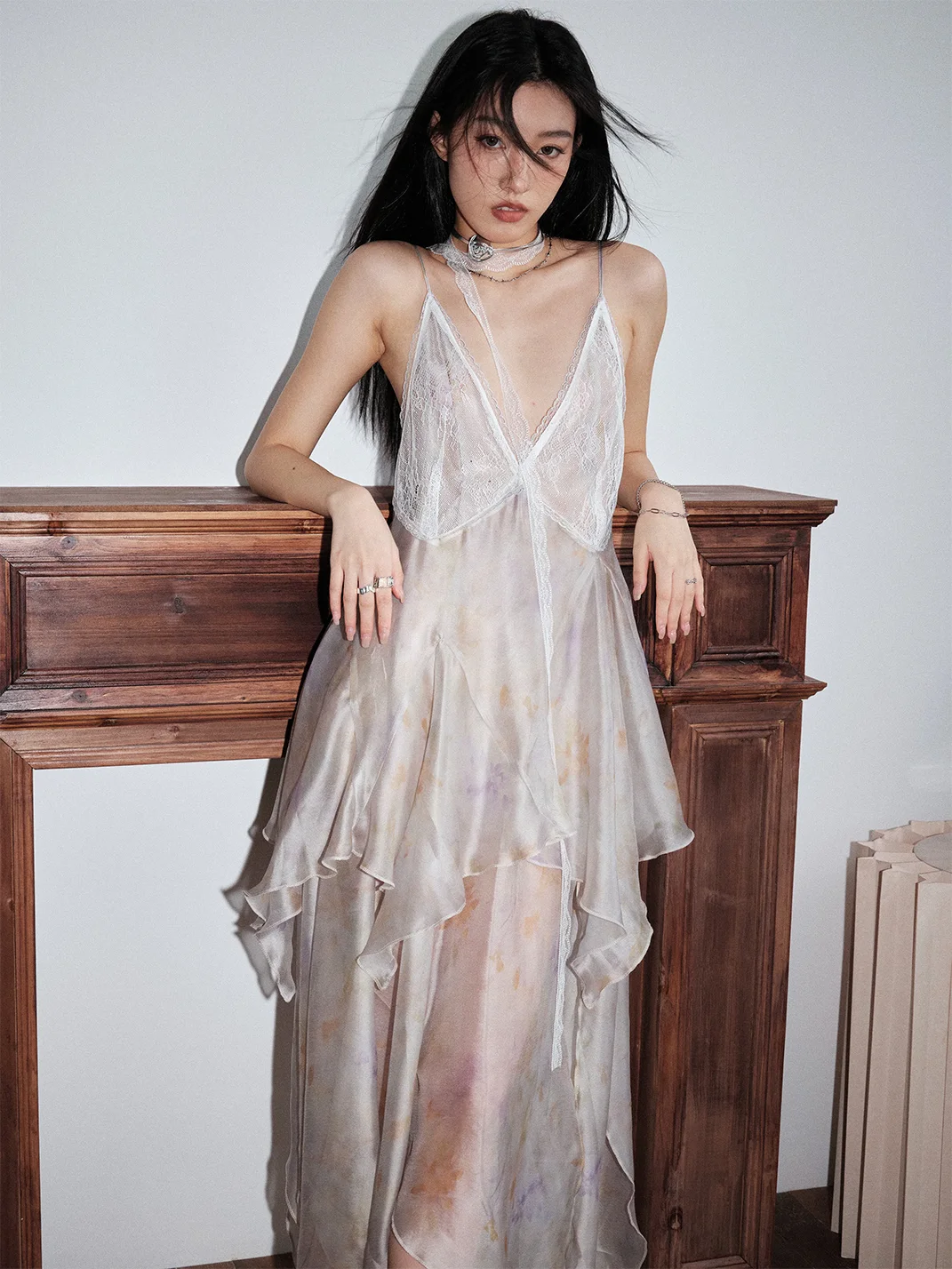 Jnylon studios | Printed Asymmetric Mesh Spaghetti Strap Dress