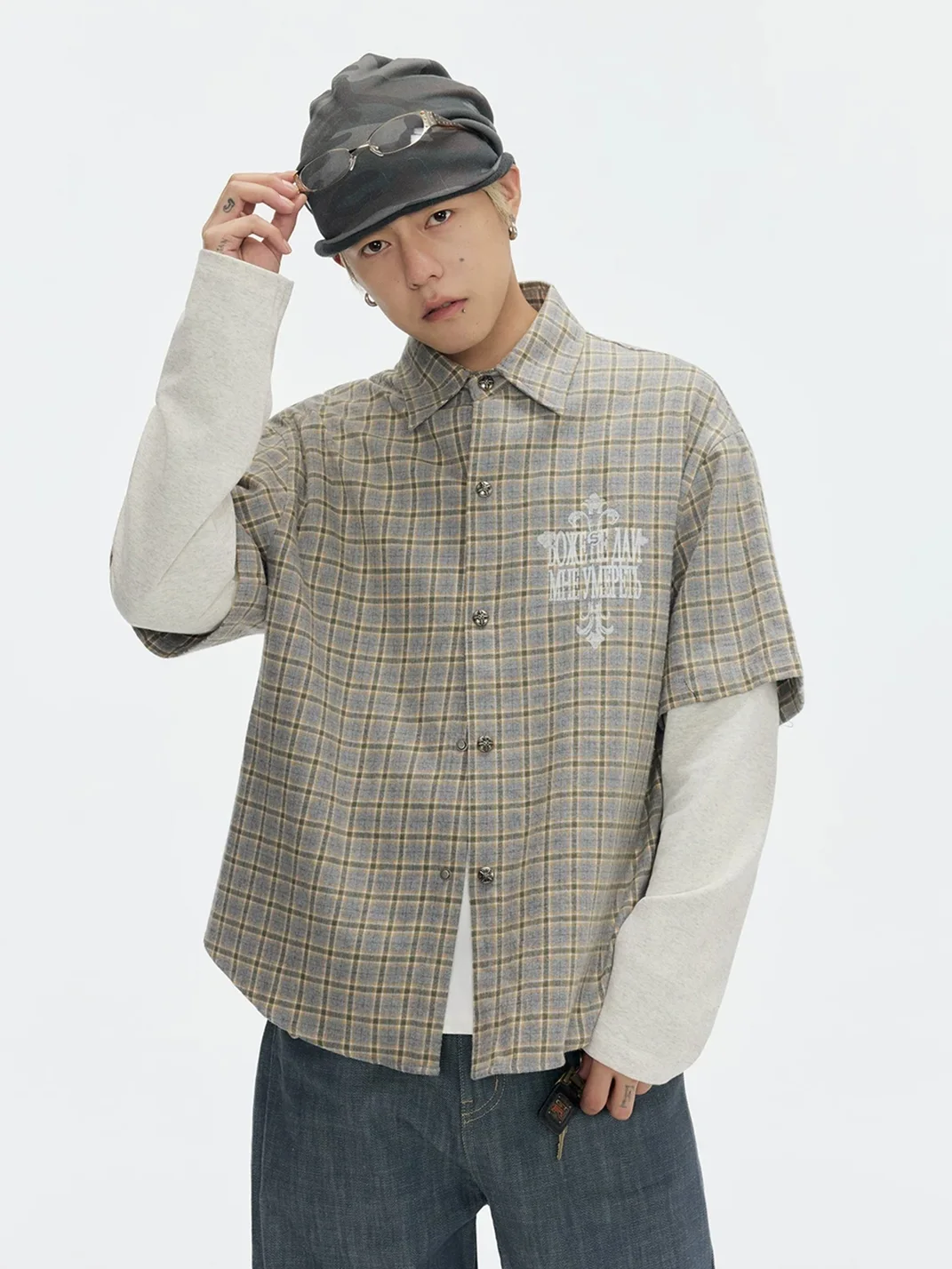 CoosRetro | Faux Two-Piece Plaid Long-Sleeve Graphic Shirt