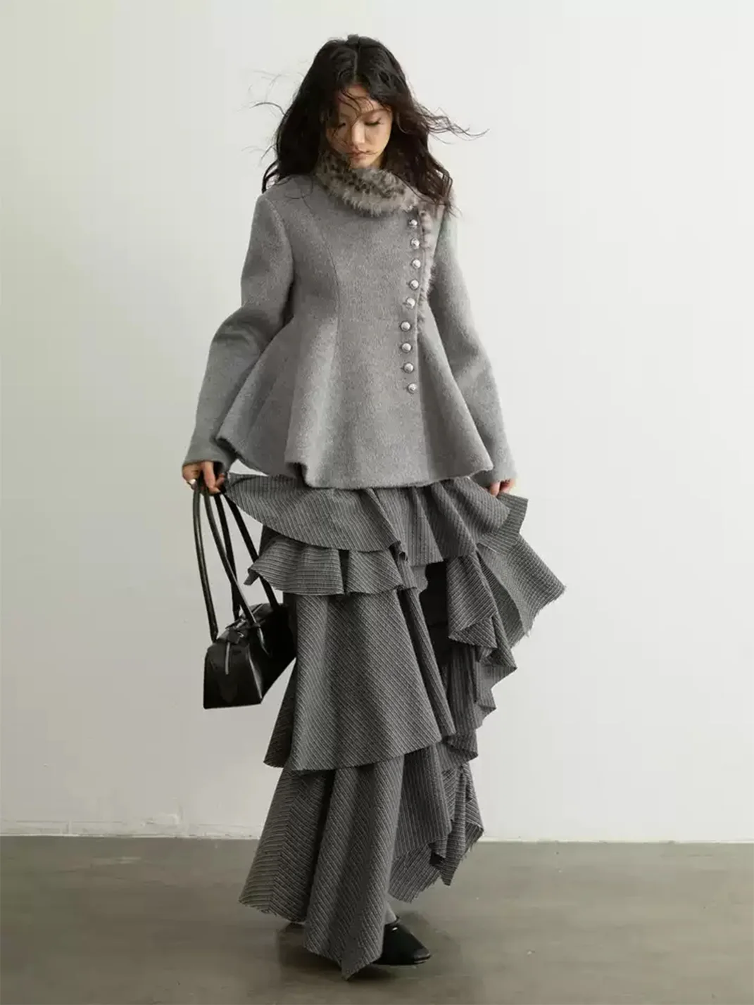 Jnylon studios | Striped Asymmetric Ruffled Raw-Edge Slit Skirt