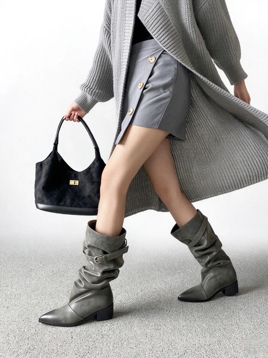 Jpoetry | Pointed Toe Slouchy Block Heel Tall Boots - 2
