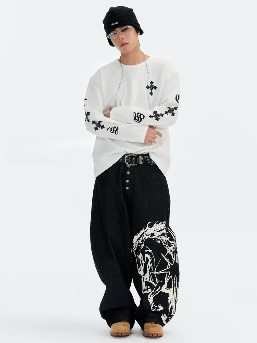 CoosRetro | Horse Print Curved Wide-Leg Jeans - 3