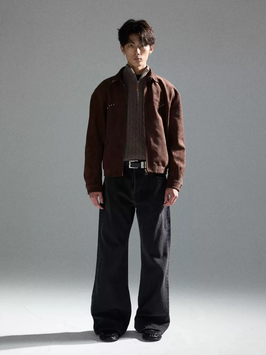 TAICHIISM | Studded Faux Suede Collared Boxy Cropped Jacket - 3