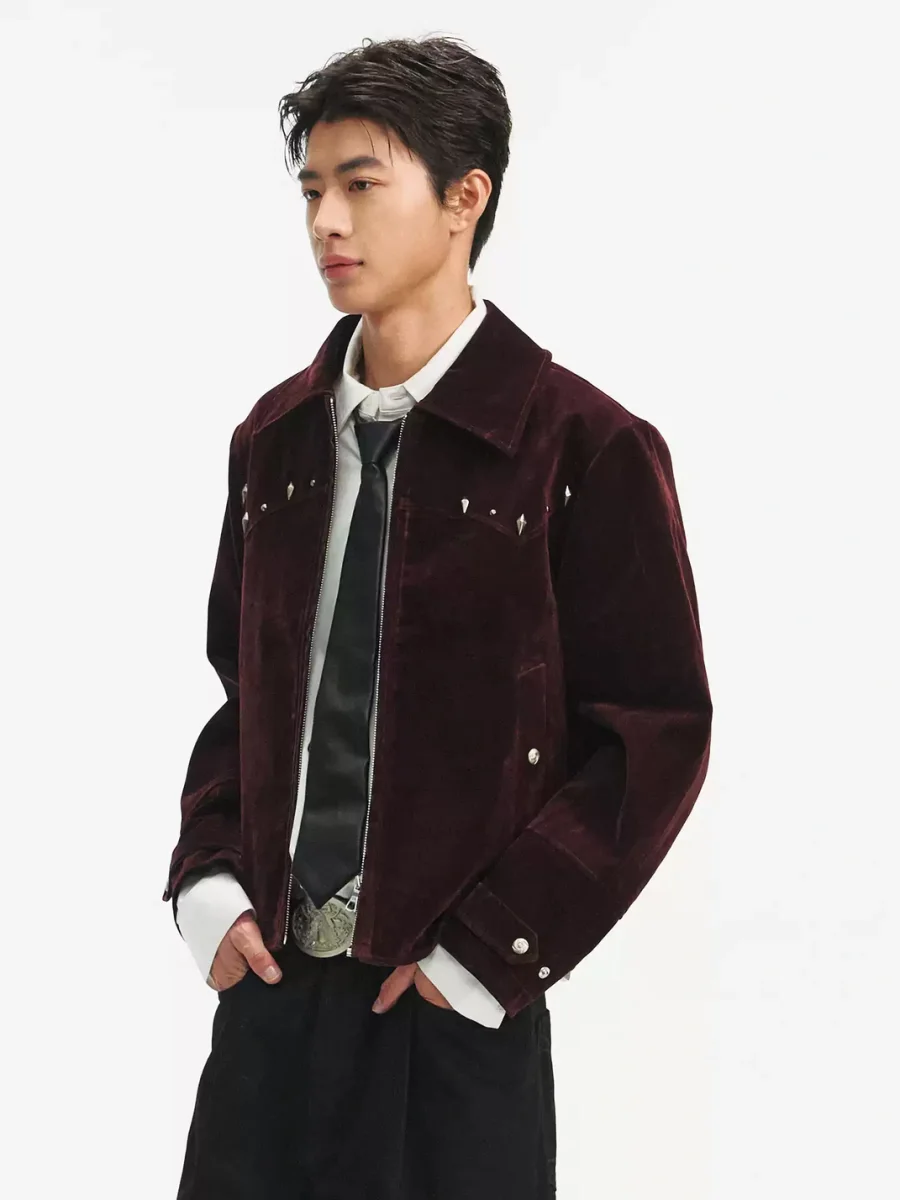 TAICHIISM | Cropped Studded Velvet Flocked Denim Western Jacket - 2