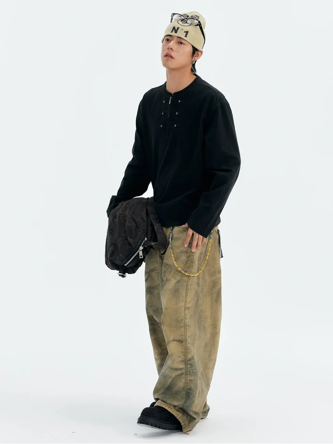 CoosRetro | Loose Fit Half-Zip Frog-Closure Long Sleeve T-Shirt