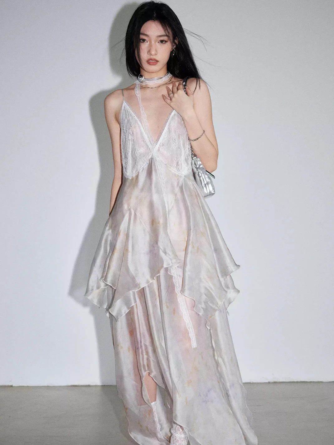 Jnylon studios | Printed Asymmetric Mesh Spaghetti Strap Dress
