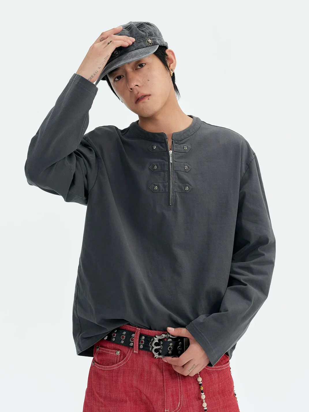 CoosRetro | Loose Fit Half-Zip Frog-Closure Long Sleeve T-Shirt