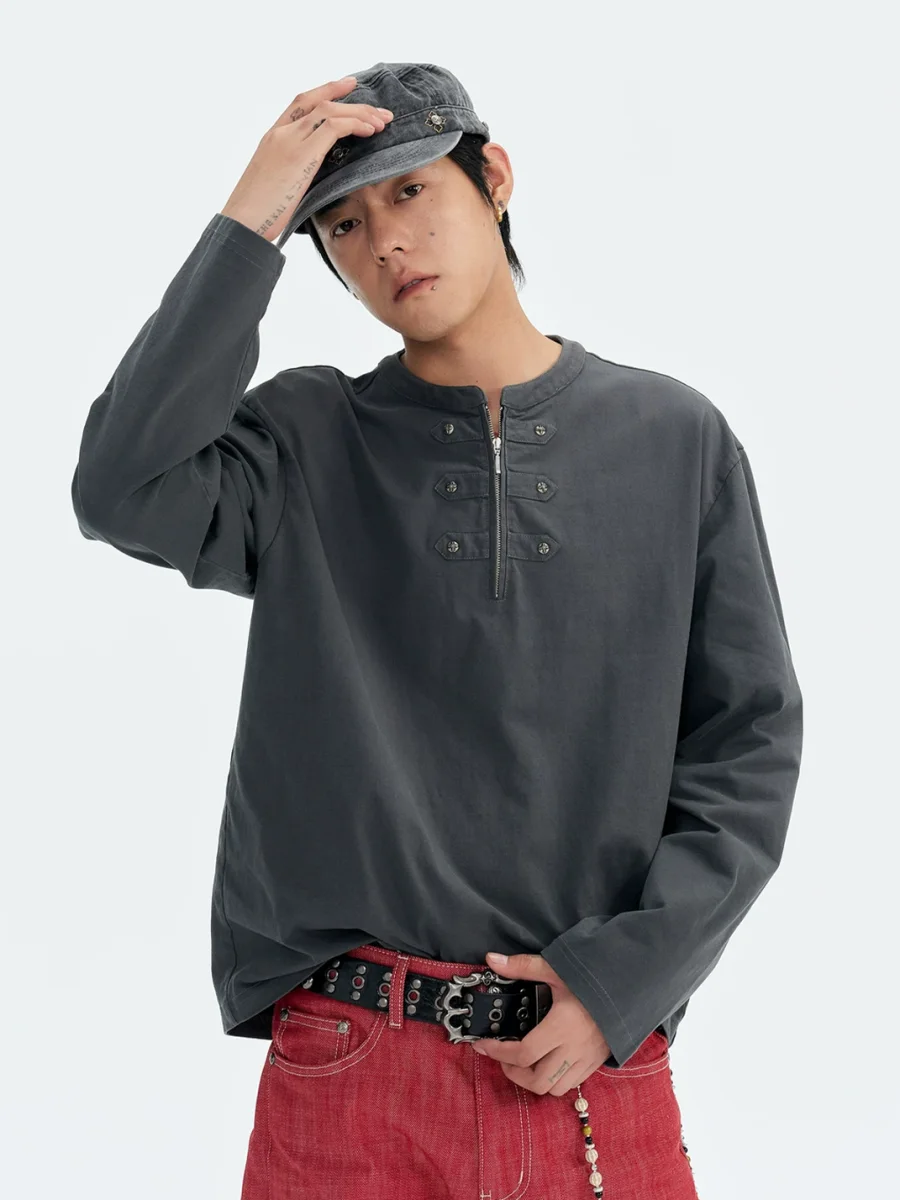 CoosRetro | Loose Fit Half-Zip Frog-Closure Long Sleeve T-Shirt - 2