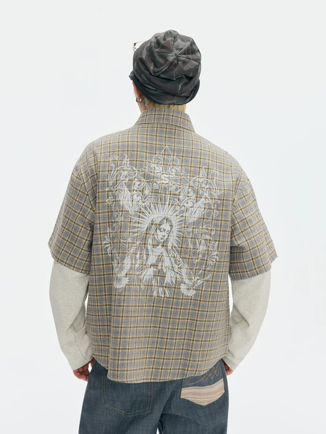 CoosRetro | Faux Two-Piece Plaid Long-Sleeve Graphic Shirt