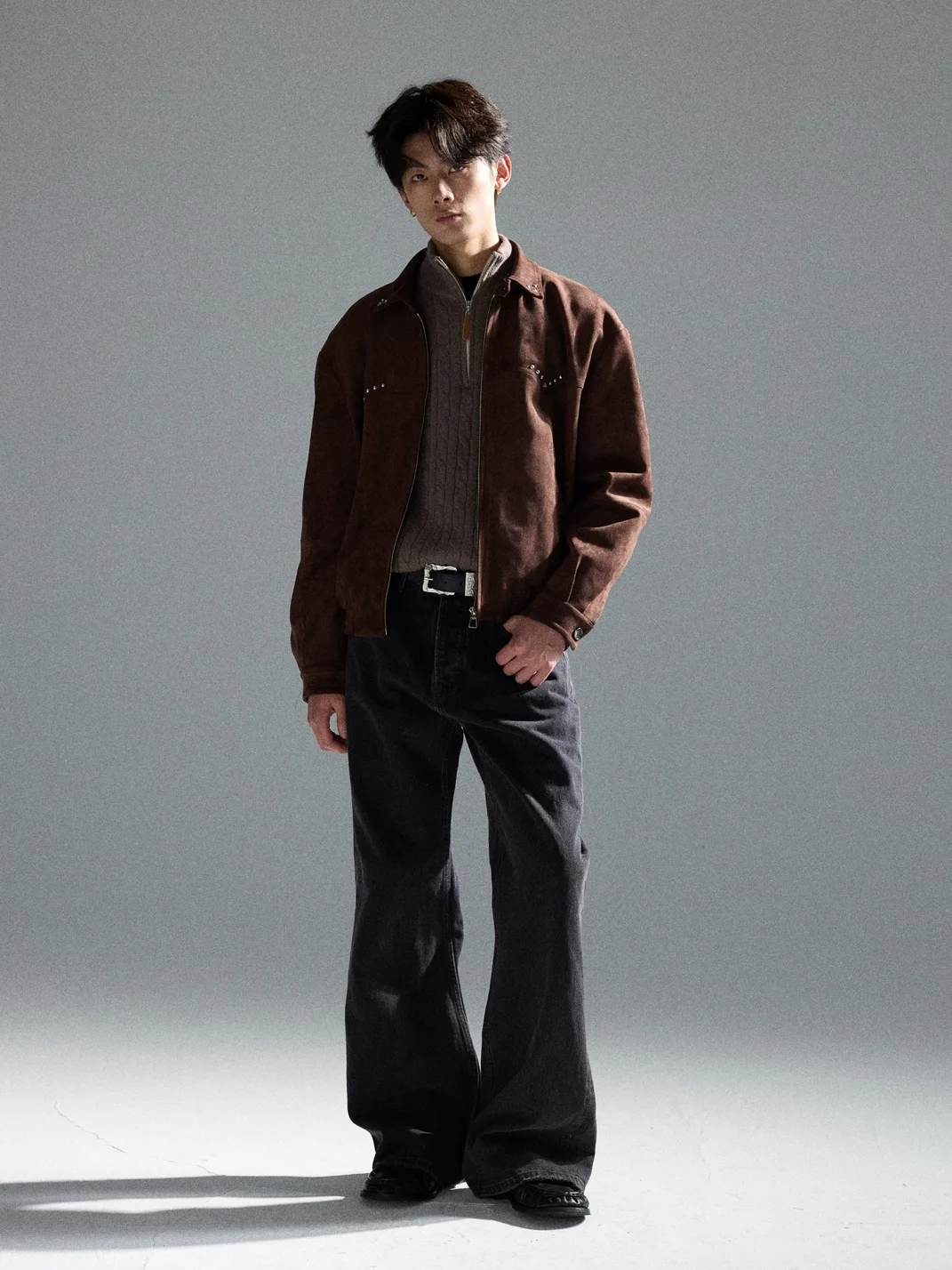 TAICHIISM | Studded Faux Suede Collared Boxy Cropped Jacket