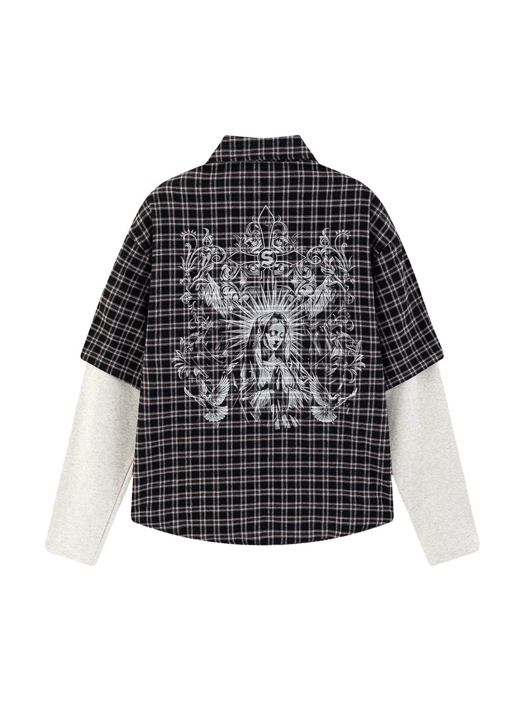 CoosRetro | Faux Two-Piece Plaid Long-Sleeve Graphic Shirt