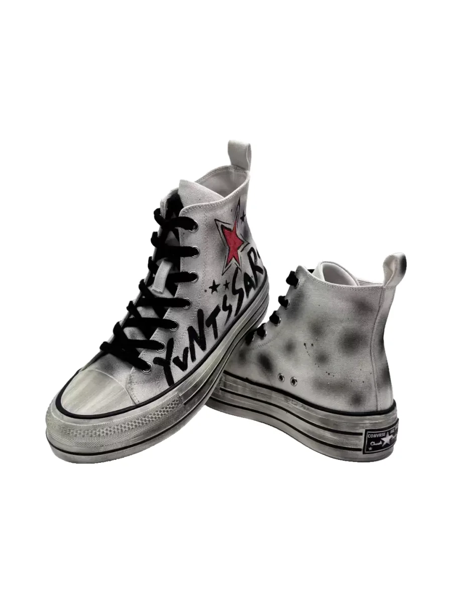 Savage Growth | Distressed High-Top Hand-Painted Star Canvas Sneakers - 2