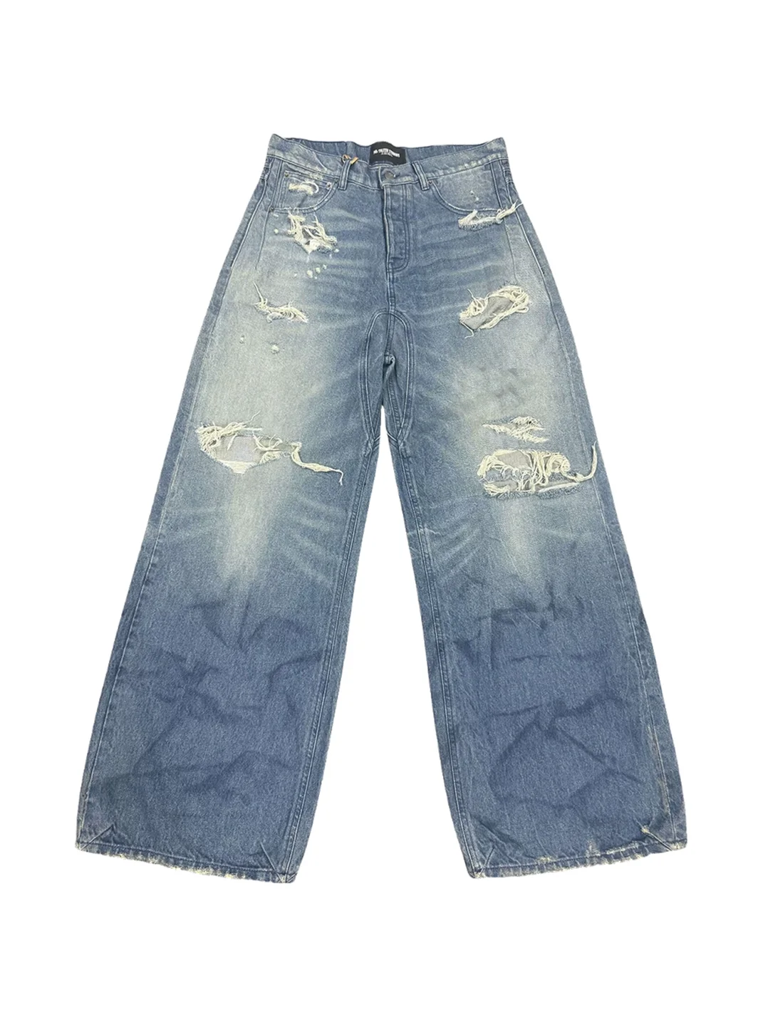 NO FAITH STUDIOS | Distressed Washed Blue Wide-Leg Curved-Leg Baggy Jeans