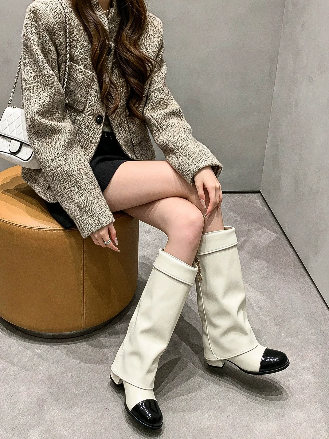 In lucky | Gold Buckle Block Heel Tall Boots