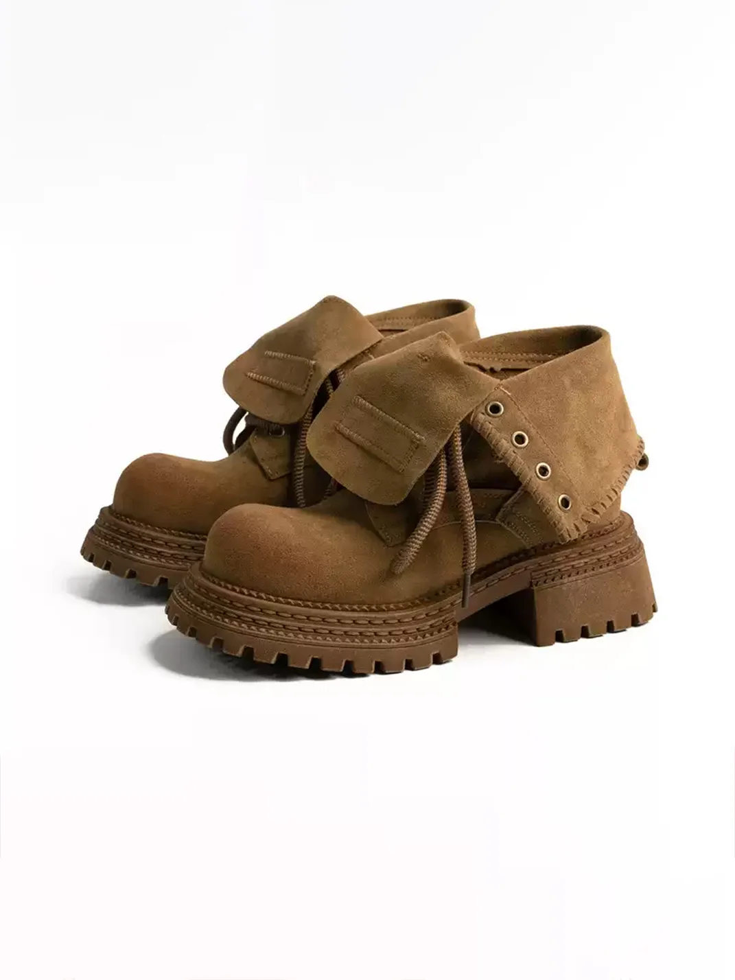 ZHUDAGE | Retro Fold-Over Lace-Up Platform Ankle Boots