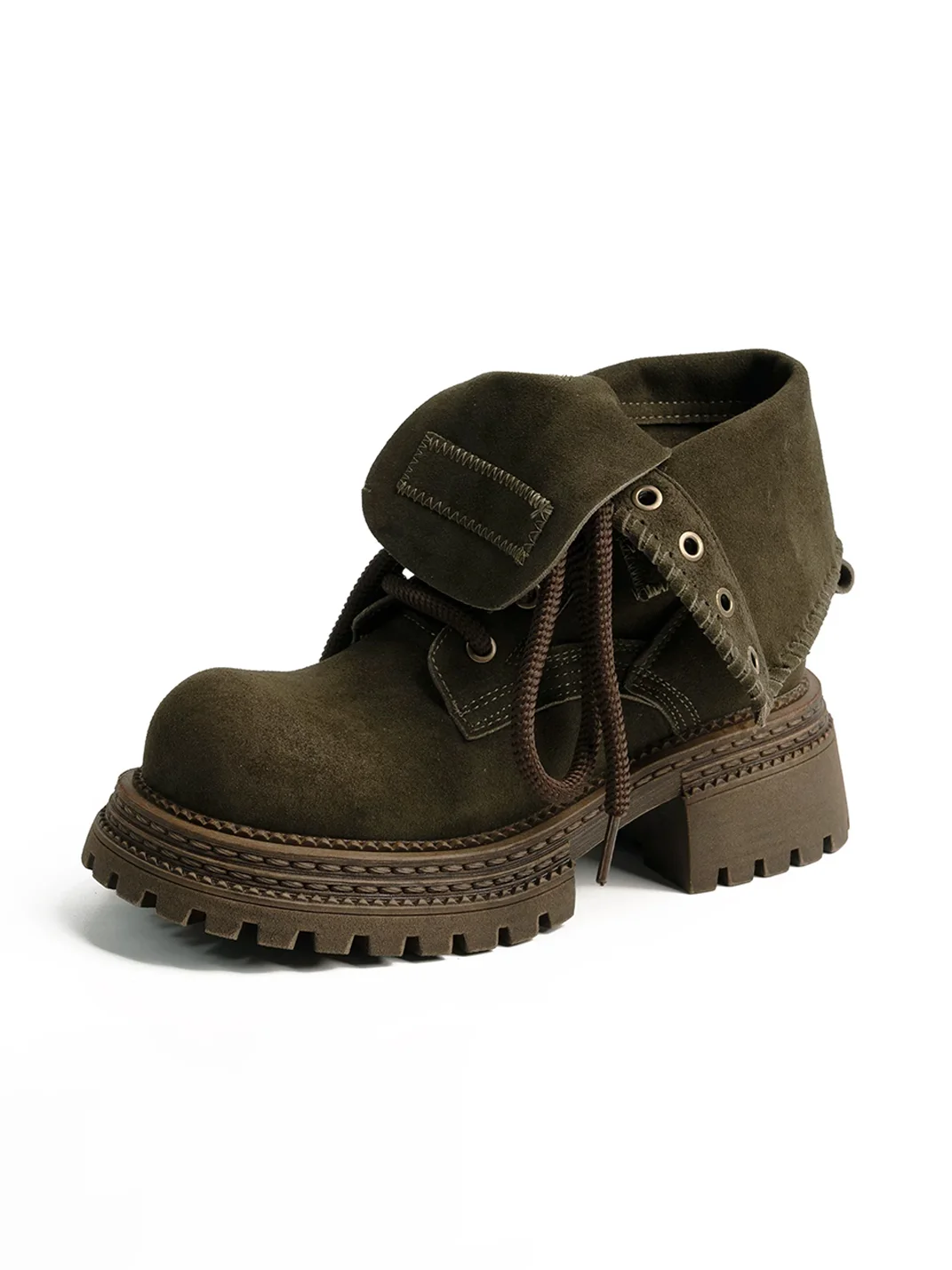 ZHUDAGE | Retro Fold-Over Lace-Up Platform Ankle Boots