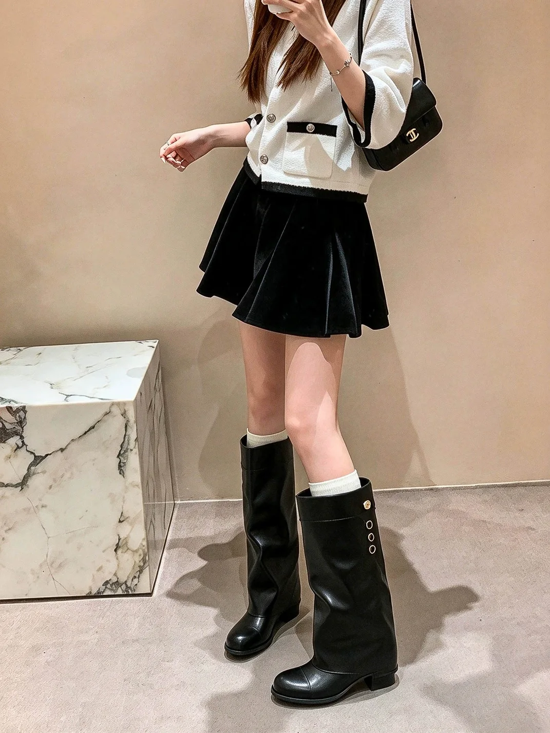 In lucky | Gold Buckle Block Heel Tall Boots